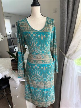 Teal Paisley Long-Sleeve Knit Dress